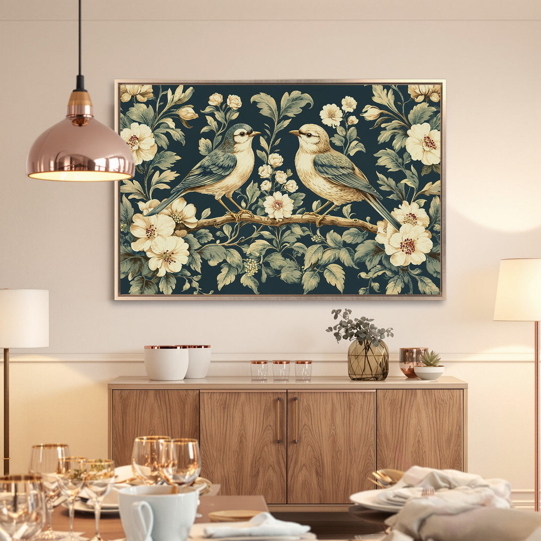 Framed Wall Art: Birds on a branch. Vintage botanical style with a dark teal and cream color palette. Perfect for dining room decor.