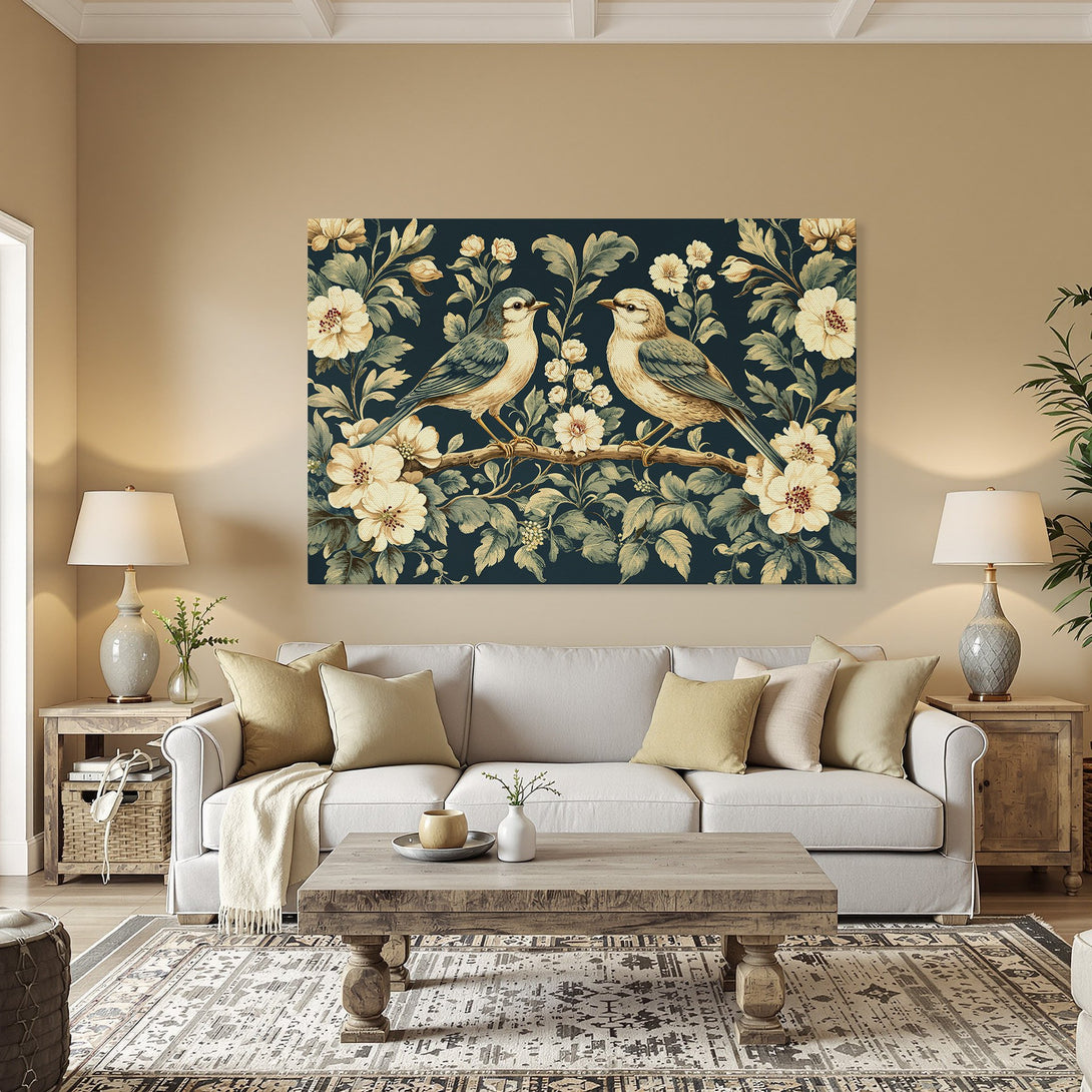 Framed Wall Art: Elegant bird and floral design in teal, cream, and gold tones. Perfect for adding a touch of vintage charm to your home. Shop now!