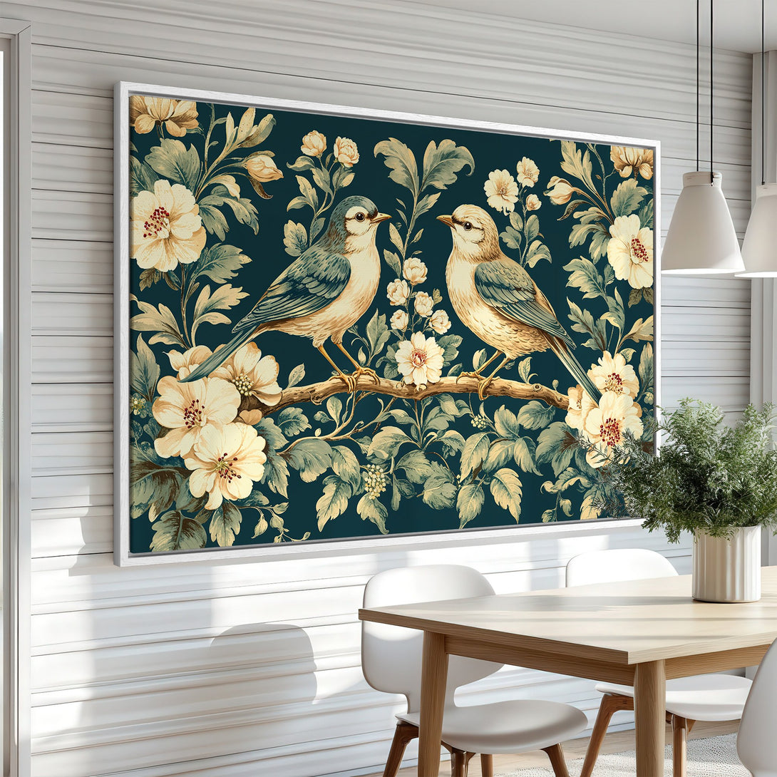 Framed Wall Art featuring elegant birds and floral design in a vintage style. Dark teal background with cream and olive green accents. Perfect for home decor.