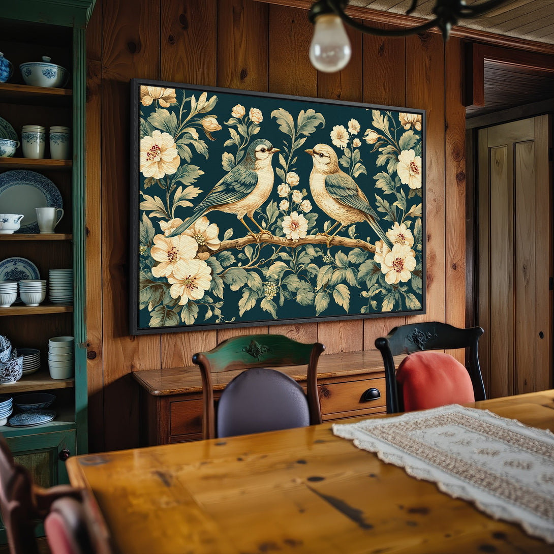 Framed Wall Art: Vintage-style Canvas Print with birds and floral design. Features a teal and cream color palette, perfect for adding elegance to any room.