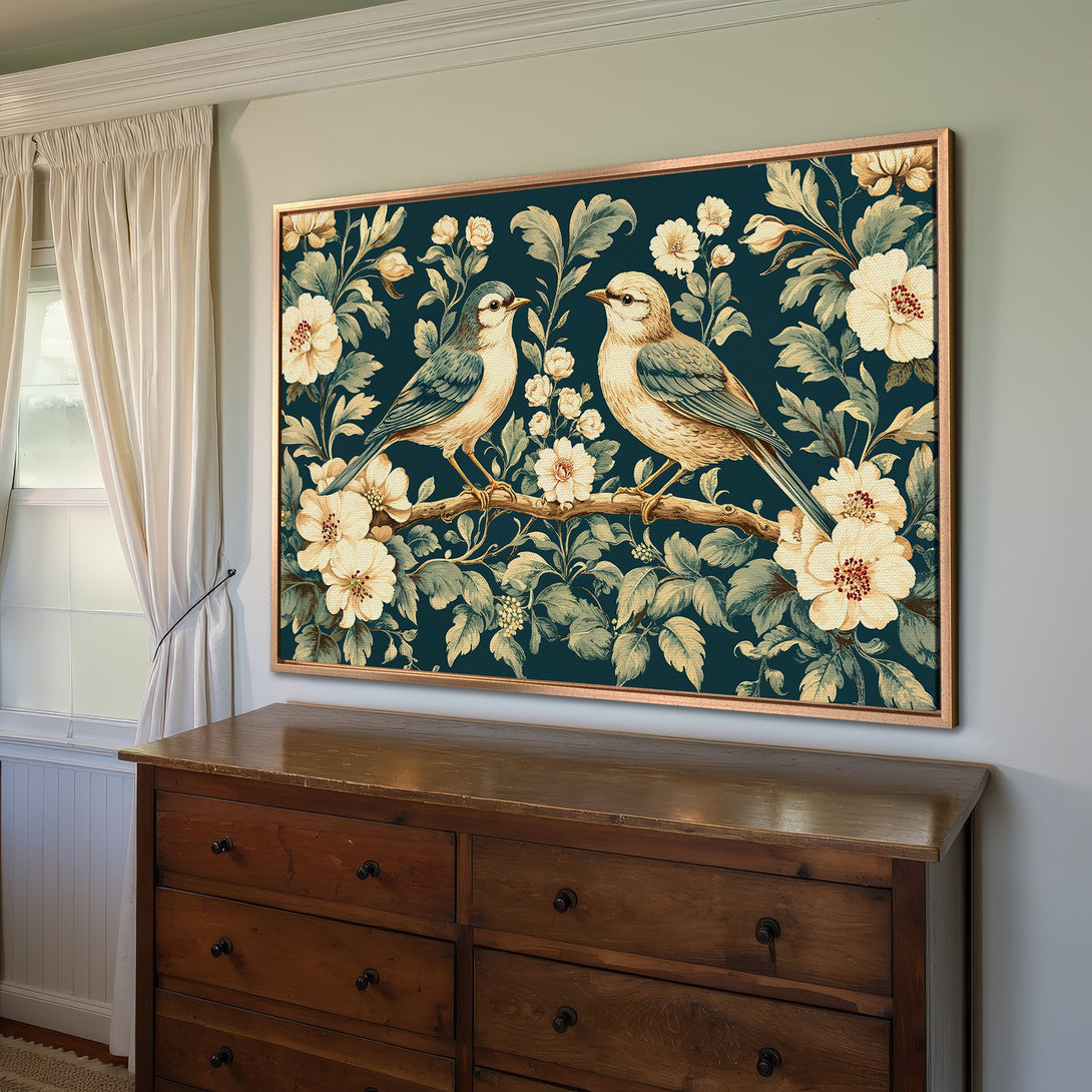 Framed Wall Art featuring birds & floral design. Vintage style, teal & cream color palette. Perfect for adding elegance to your home!