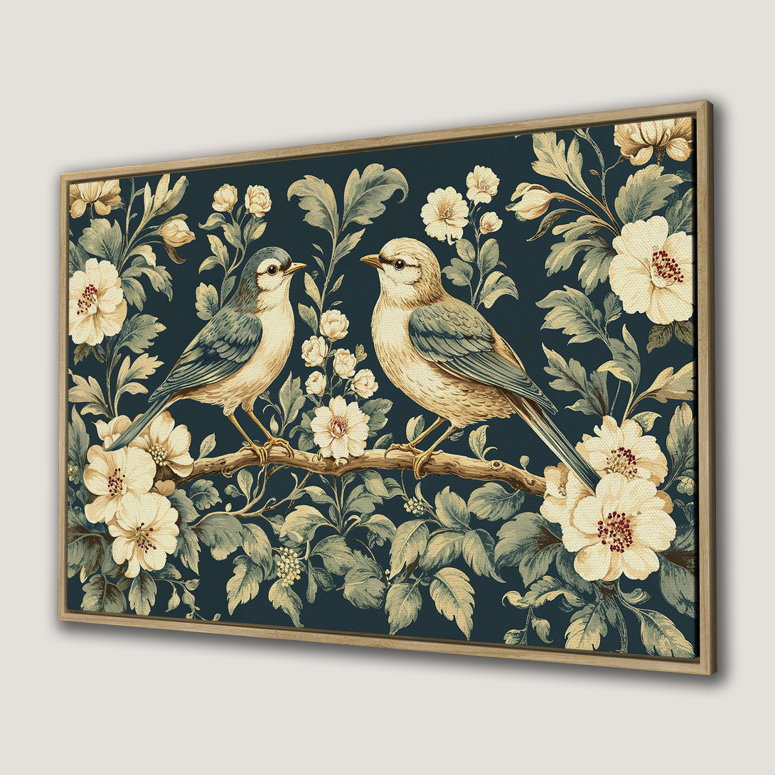 Framed Wall Art featuring vintage birds and floral design in a muted blue, cream, and green palette. Perfect for adding a touch of elegance to any space.