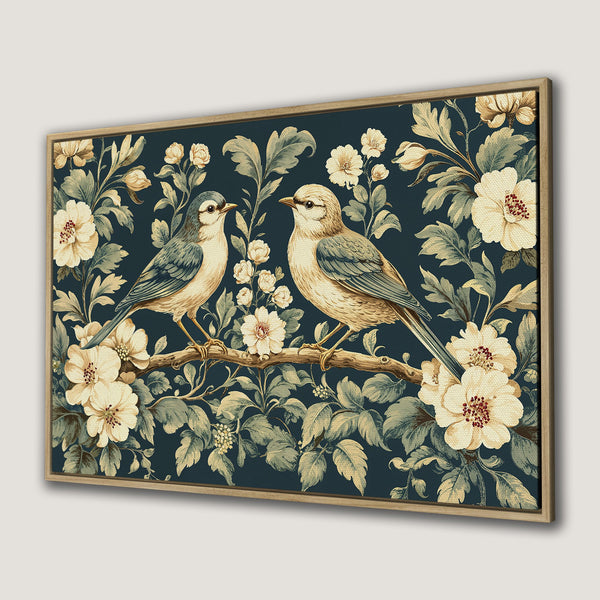 Framed Wall Art featuring vintage birds and floral design in a muted blue, cream, and green palette. Perfect for adding a touch of elegance to any space.