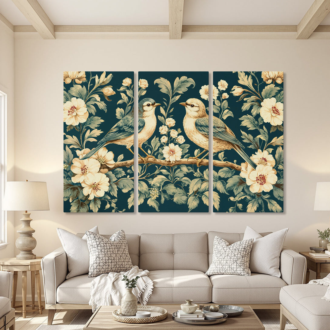 Canvas Print featuring birds and floral design in a vintage style with a teal and cream color palette. Perfect wall art for a cozy living room.