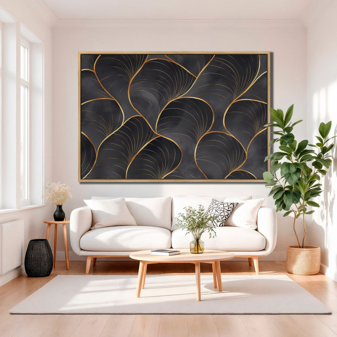 Framed Wall Art: Abstract gold and black design canvas print, perfect for modern living room decor. Adds a touch of elegance!