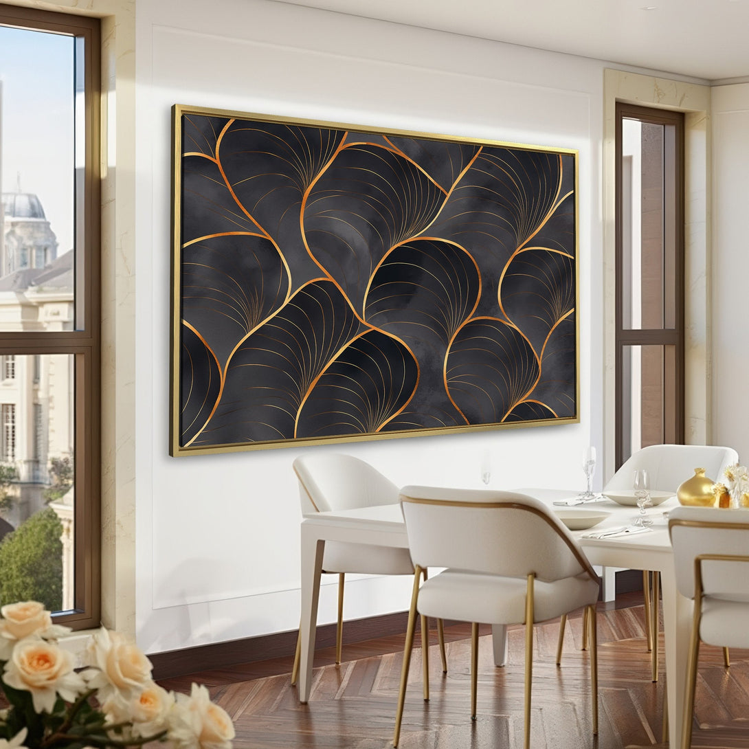 Canvas Print featuring an abstract gold leaf design on a dark background. Modern art in a sophisticated, dark green interior.