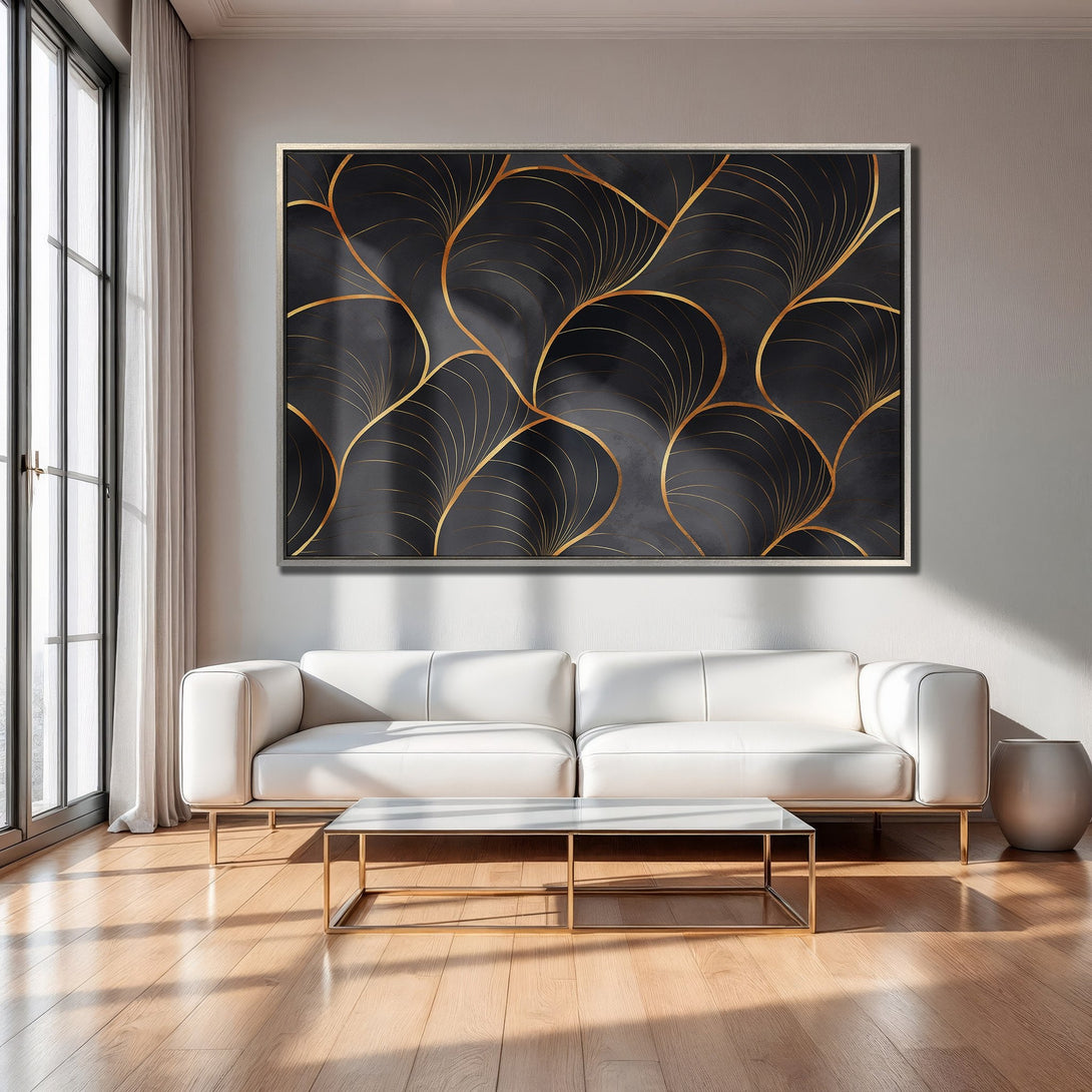 Framed Wall Art: Abstract gold lines on black canvas, modern art for living room decor. Elegant, stylish, and adds a touch of luxury.