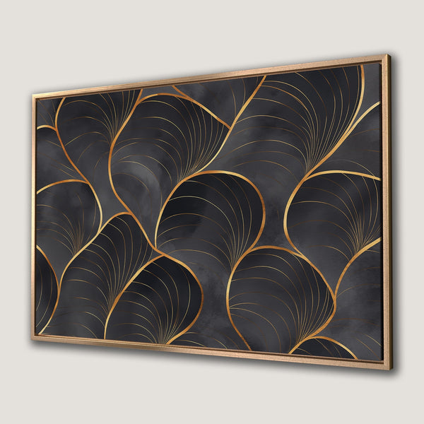 Framed Wall Art featuring an Art Deco-inspired design with gold lines on a dark gray background. Perfect for adding a touch of elegance to your space.