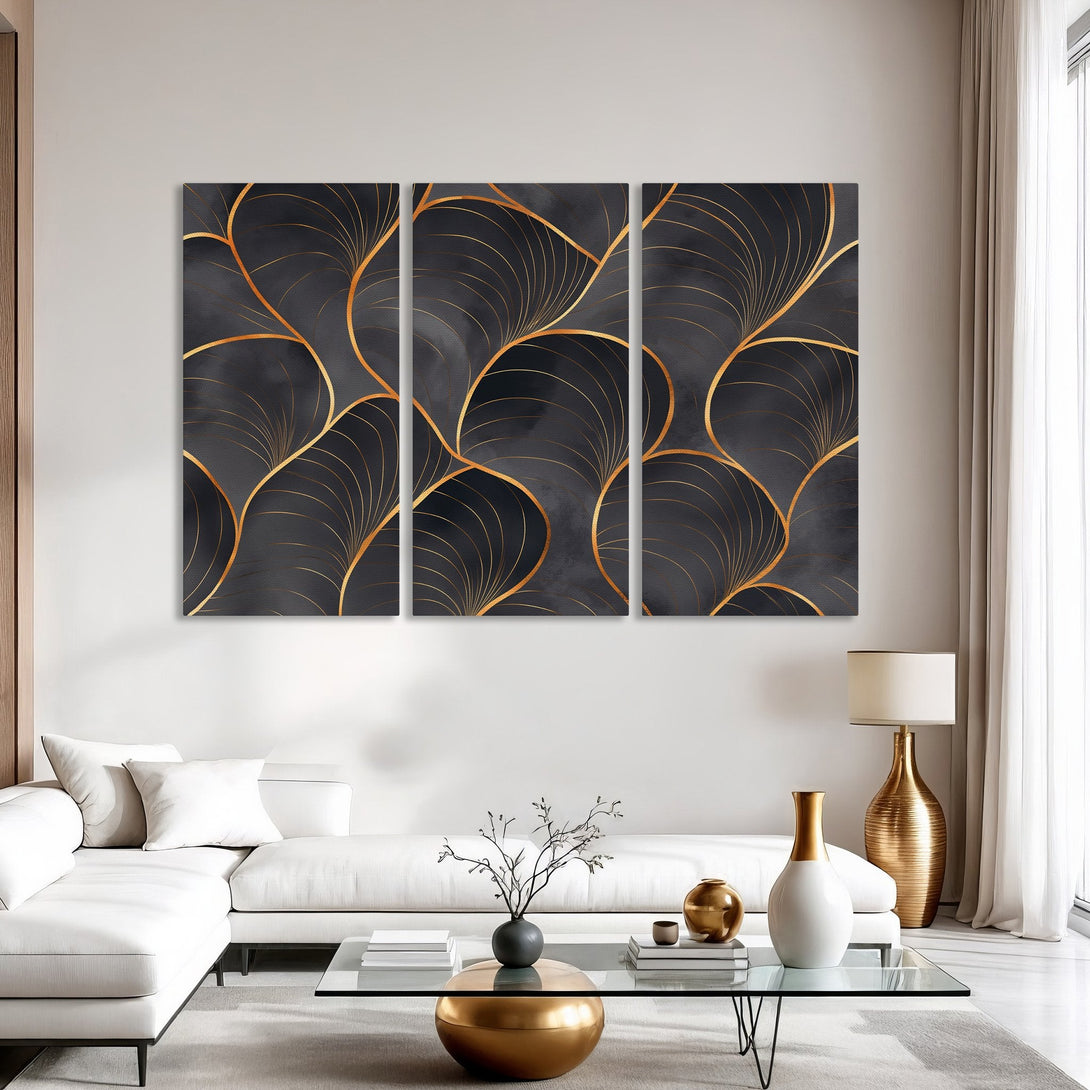 Abstract Canvas Print in gold and black, perfect for modern home decor. Enhance your space with this elegant wall art.