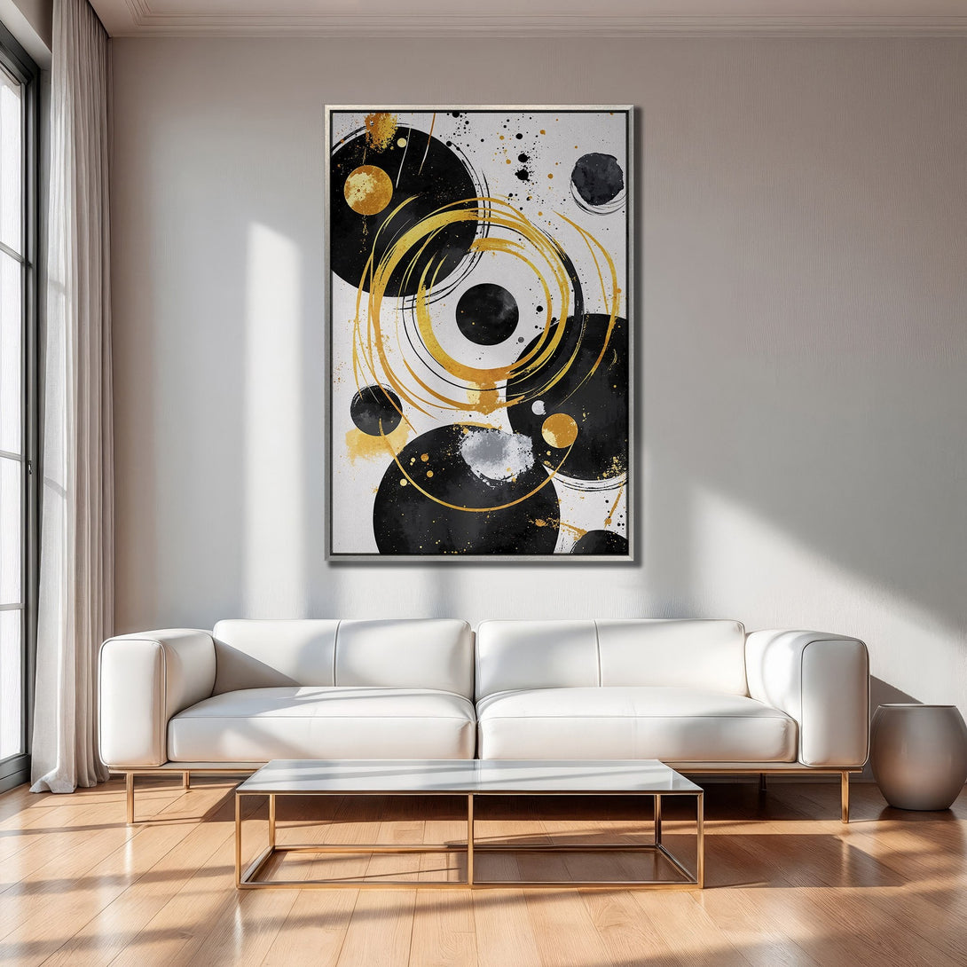 Framed Wall Art: Abstract black & gold circles Canvas Print. Modern art with a minimalist style, perfect for living room decor.