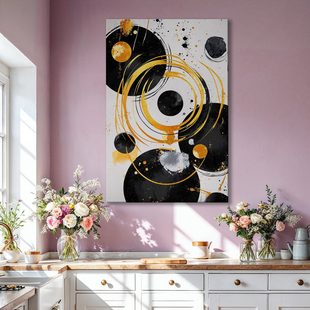 Framed Wall Art: Abstract black and gold circles canvas print. Modern art decor with a minimalist style and neutral color palette, perfect for living room.