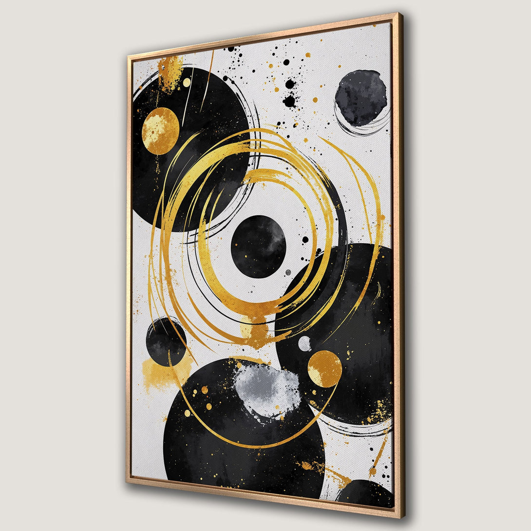 Framed Wall Art: Abstract black, gold, and white canvas print. Modern art with geometric shapes and a touch of luxury. Perfect for any interior.