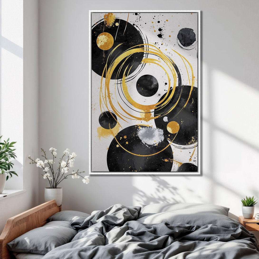 Framed Wall Art: Abstract black, gold, and white canvas print, modern art for bedroom decor. Enhance your space with this stylish artwork.