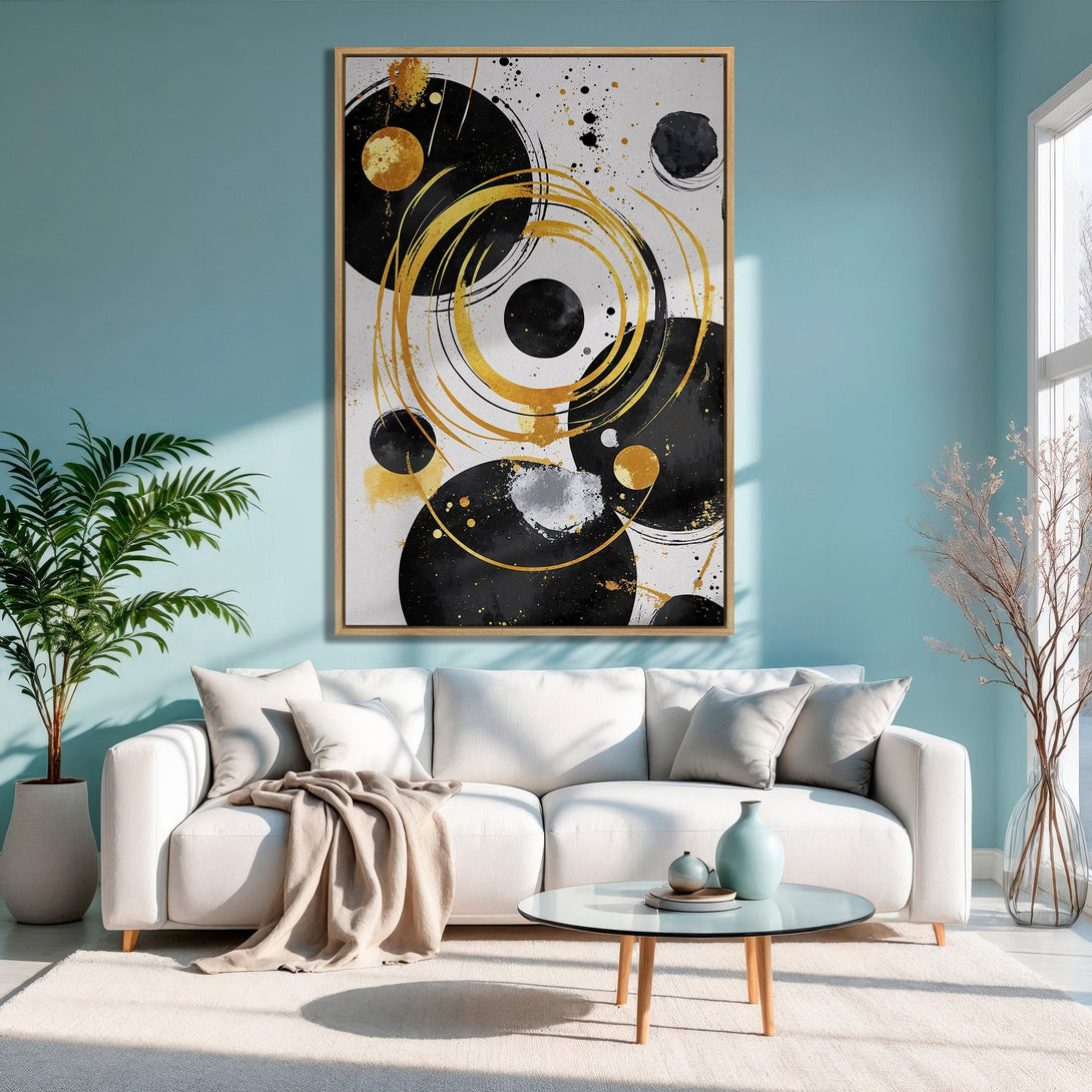 Framed Wall Art: Modern abstract art in black, gold, and white. Adds a touch of elegance to any space. Perfect for living rooms and bedrooms.