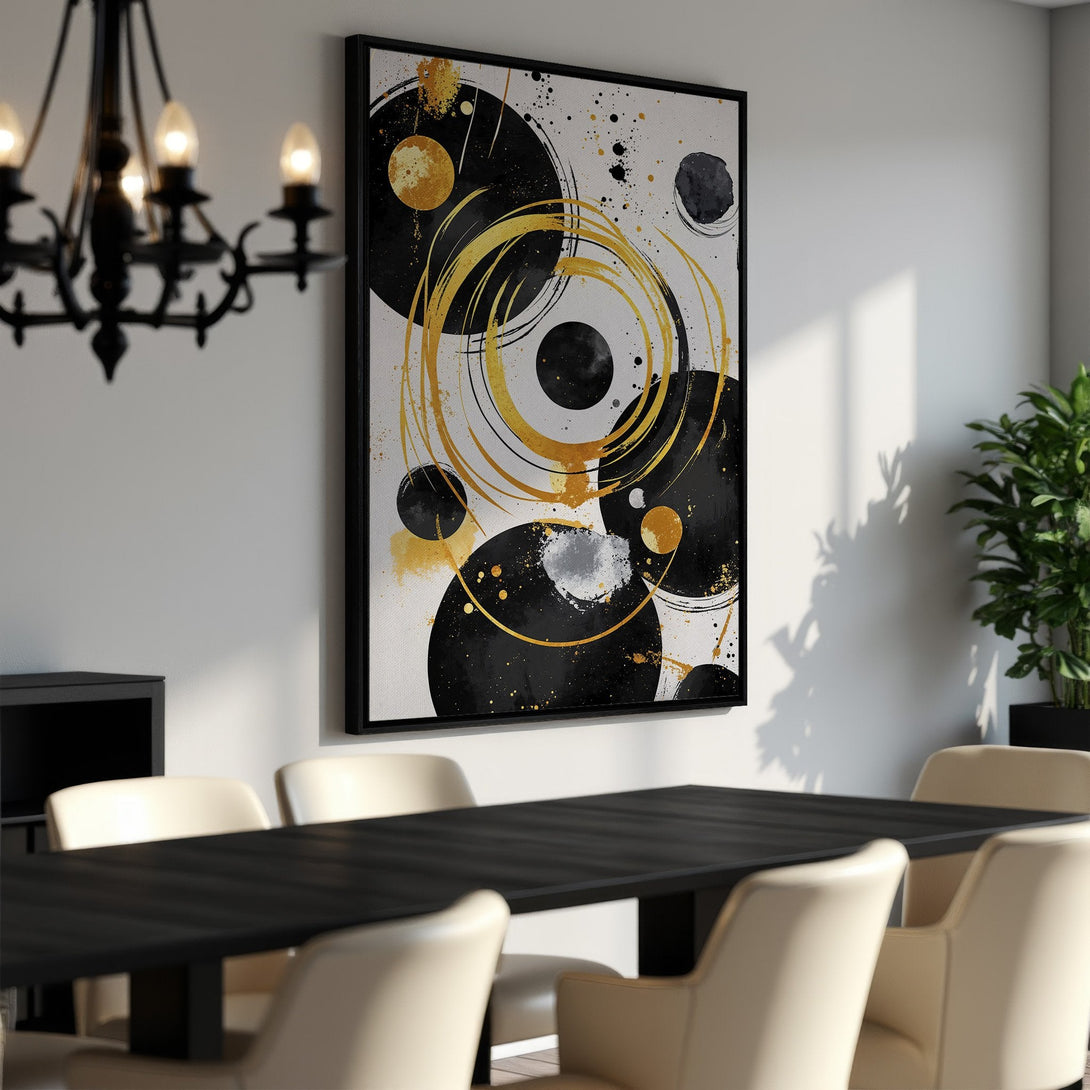 Framed Wall Art featuring abstract black, gold, and white circles. Modern art canvas print perfect for dining room decor.