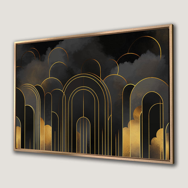 Framed Wall Art: Abstract Art Deco design in black and gold. Modern Canvas Print for a stylish home decor upgrade.