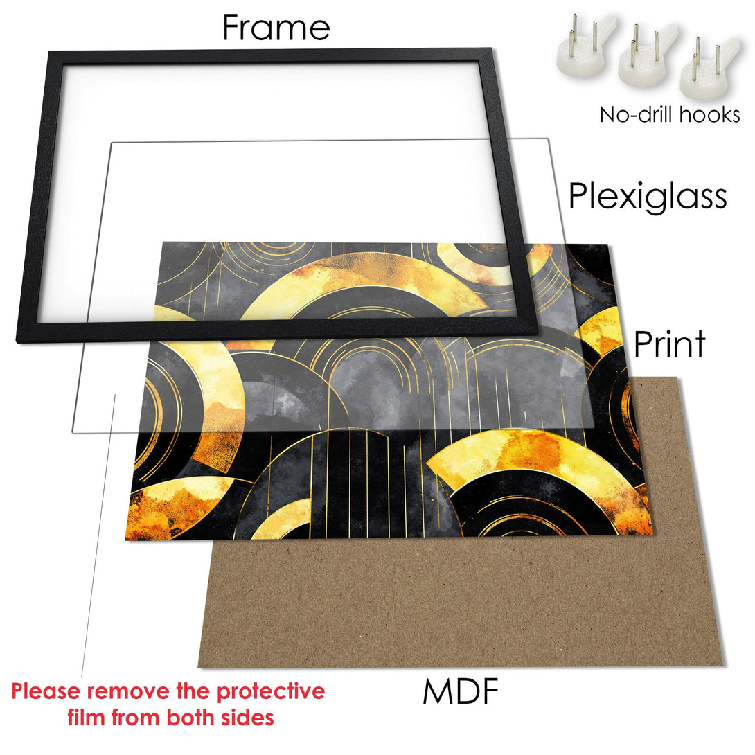 Framed Poster featuring an abstract art deco design with gold, black, and gray tones. Elevate your space with this stylish wall art!