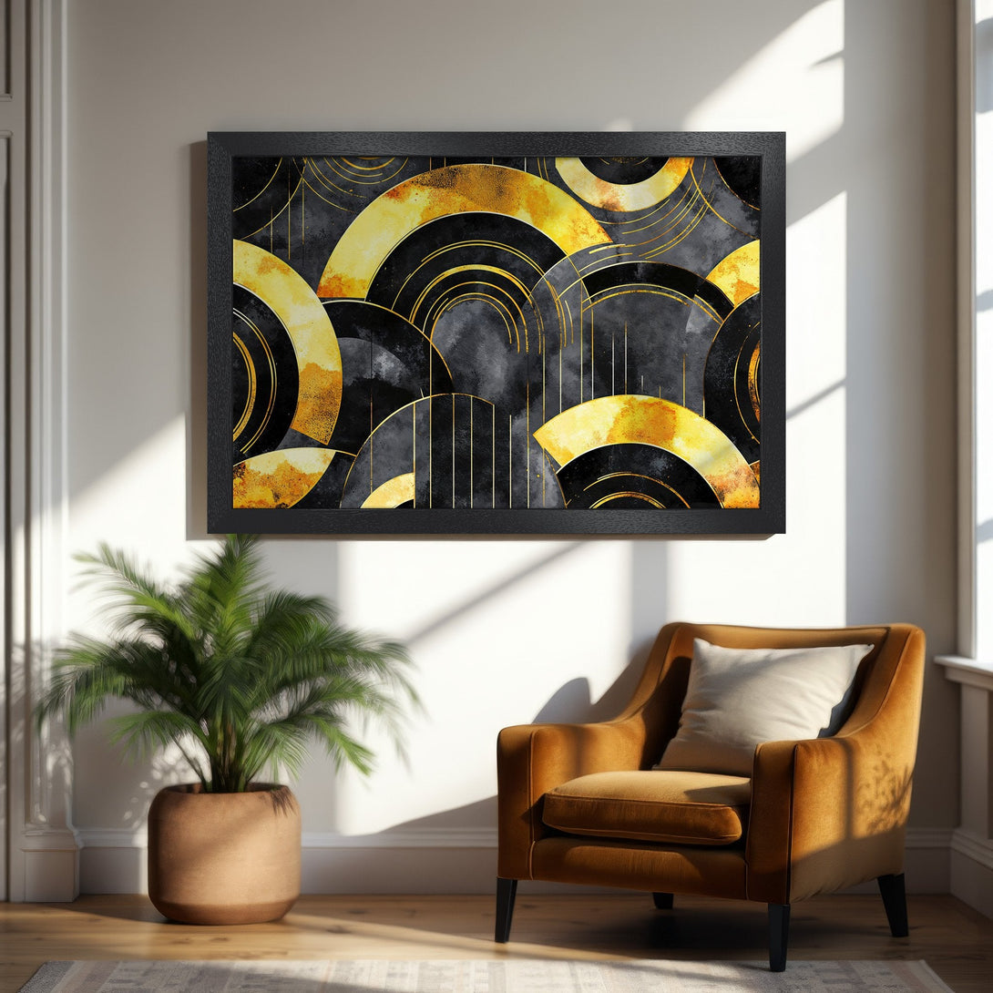 Framed Poster featuring abstract gold and black geometric art. Modern style, perfect for home decor.