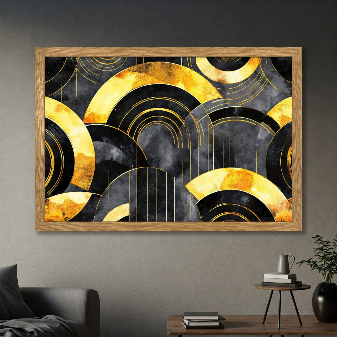 Framed Poster featuring an abstract geometric design in black, gold, and gray. Modern art style for home decor.