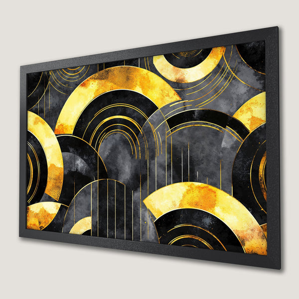 Framed Poster featuring abstract gold and black geometric art. Modern style, perfect for home decor.