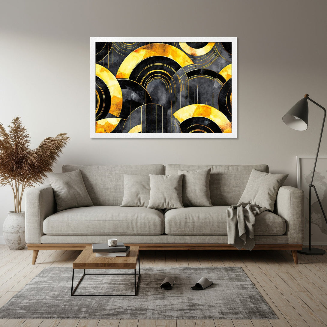 Framed Poster featuring abstract geometric art in black, gold, and gray. Modern wall decor for your home!