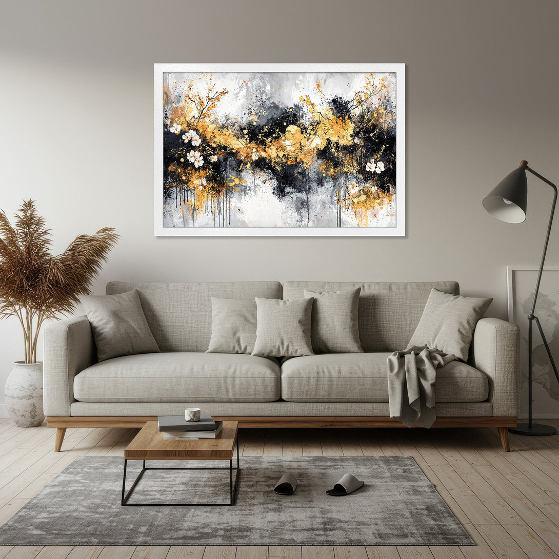 Framed Poster featuring abstract floral art in gold, black, and white. Modern wall decor for your home.