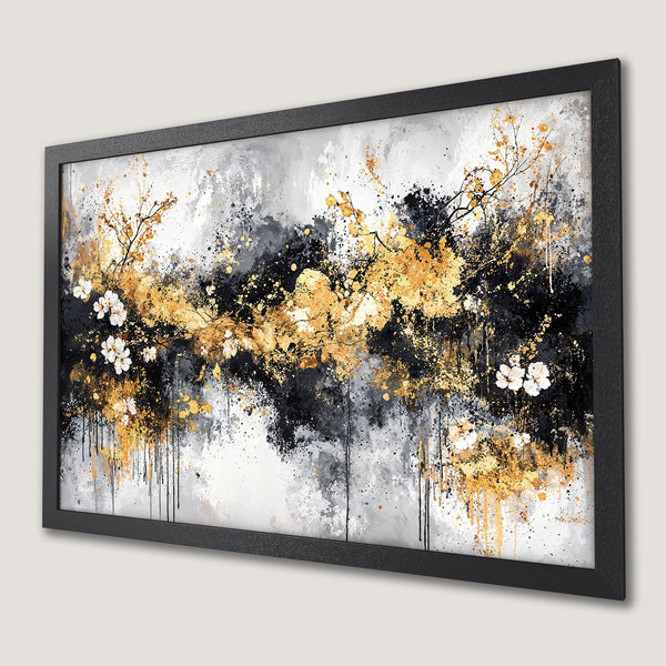 Framed Poster: Abstract floral art in gold, black, and gray. Modern wall decor for a stylish home.
