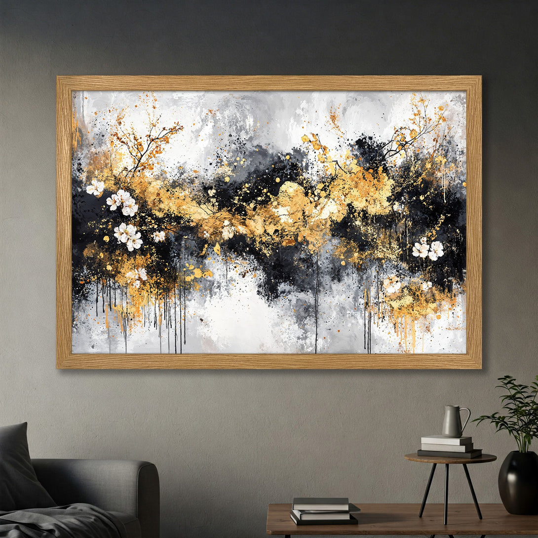 Framed Poster featuring abstract floral art in gold, black, and white, perfect for modern home decor.