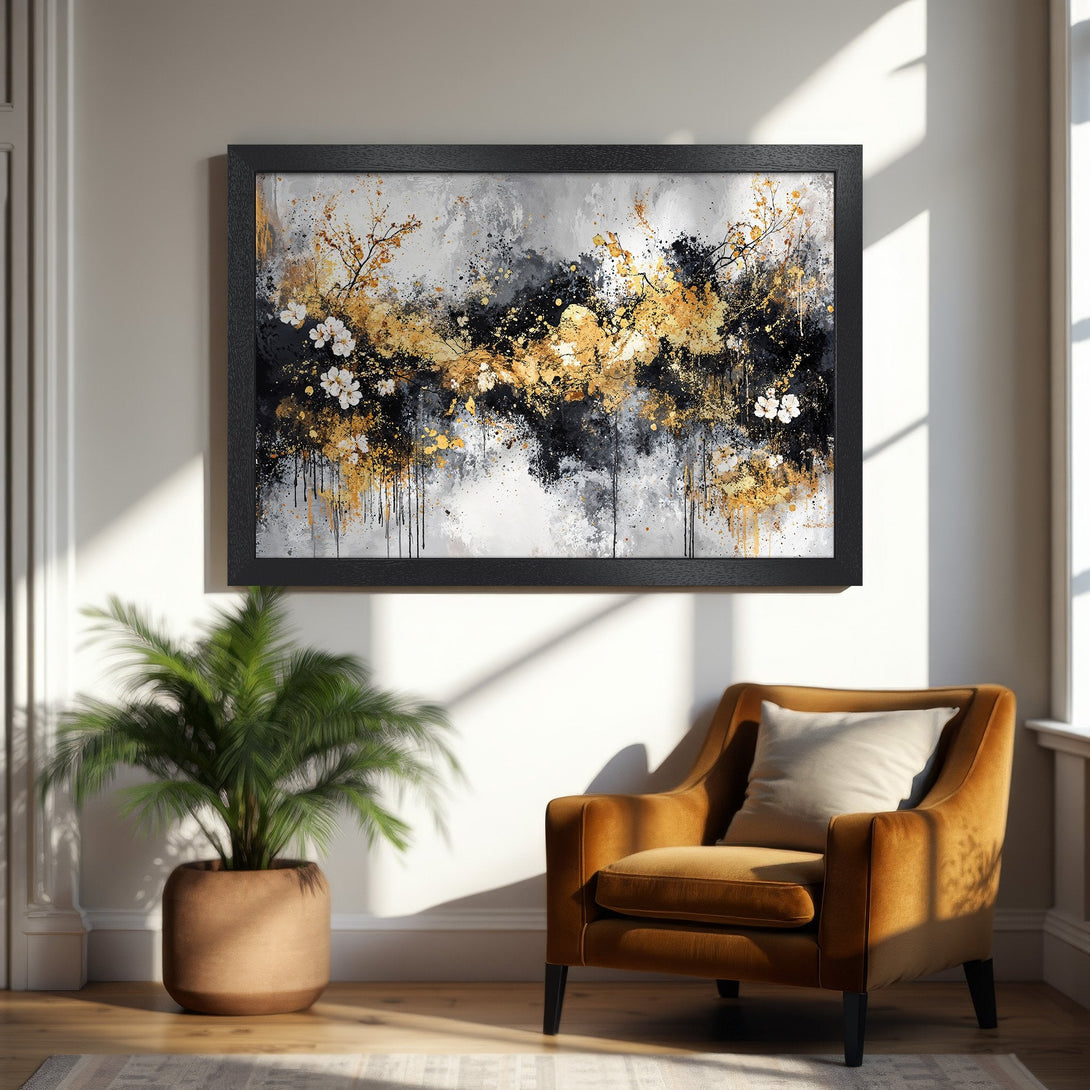 Framed Poster: Abstract floral art in gold, black, and white. Modern style, perfect for home decor.