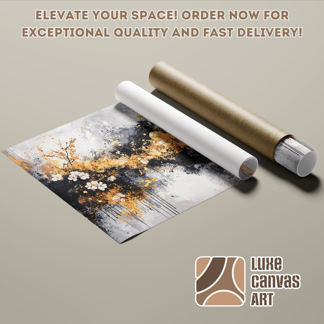 Abstract art Poster Roll featuring gold, black, and grey palette. Elevate your space!