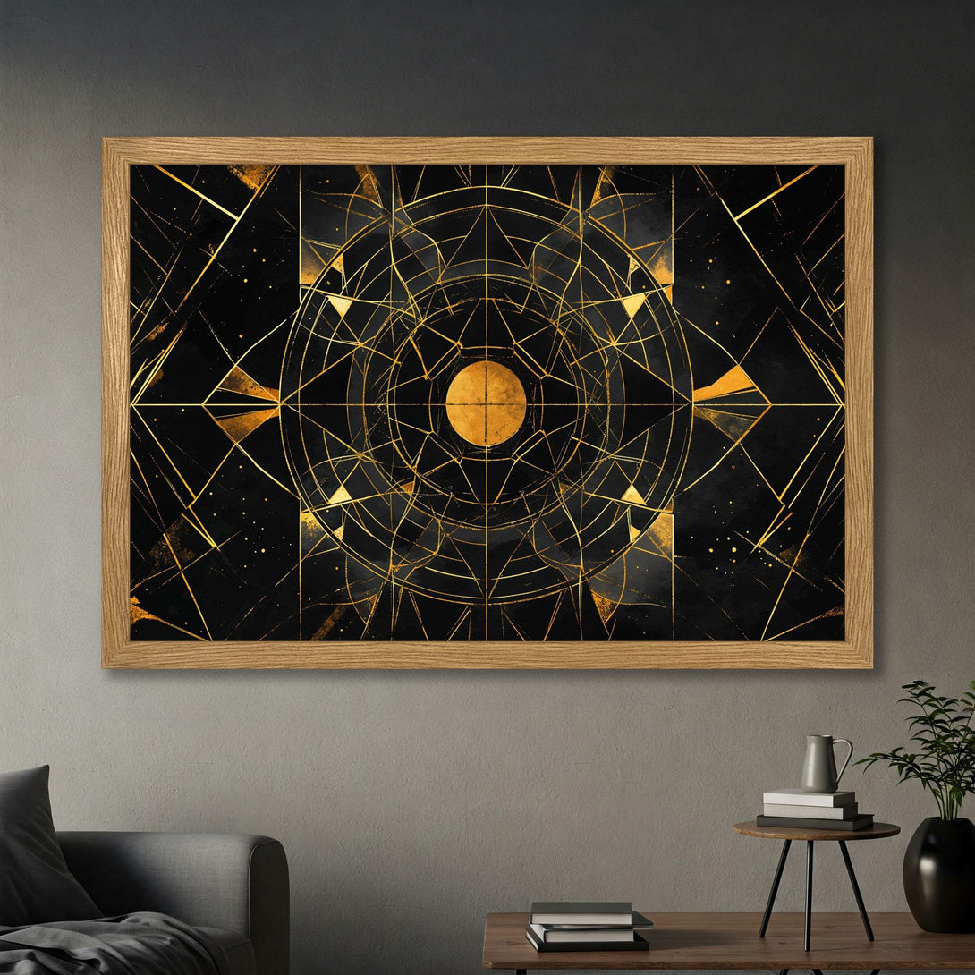 Framed Poster featuring a geometric gold design on black. Modern art print with a luxurious gold and black color palette. Elevate your space!