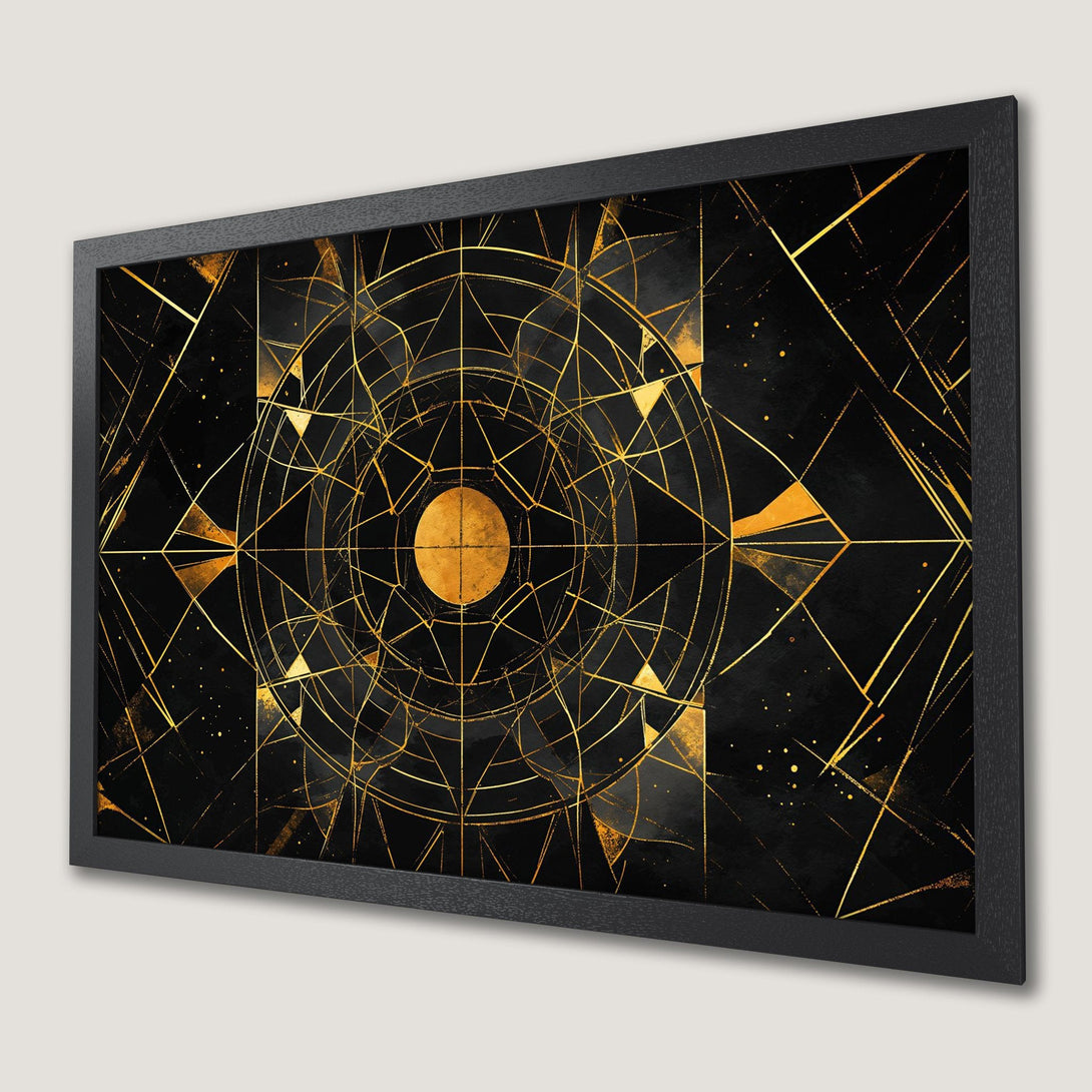 Framed Poster: Geometric art print in black and gold, modern style for home decor.