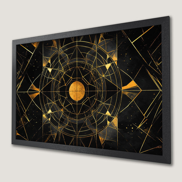 Framed Poster: Geometric art print in black and gold, modern style for home decor.