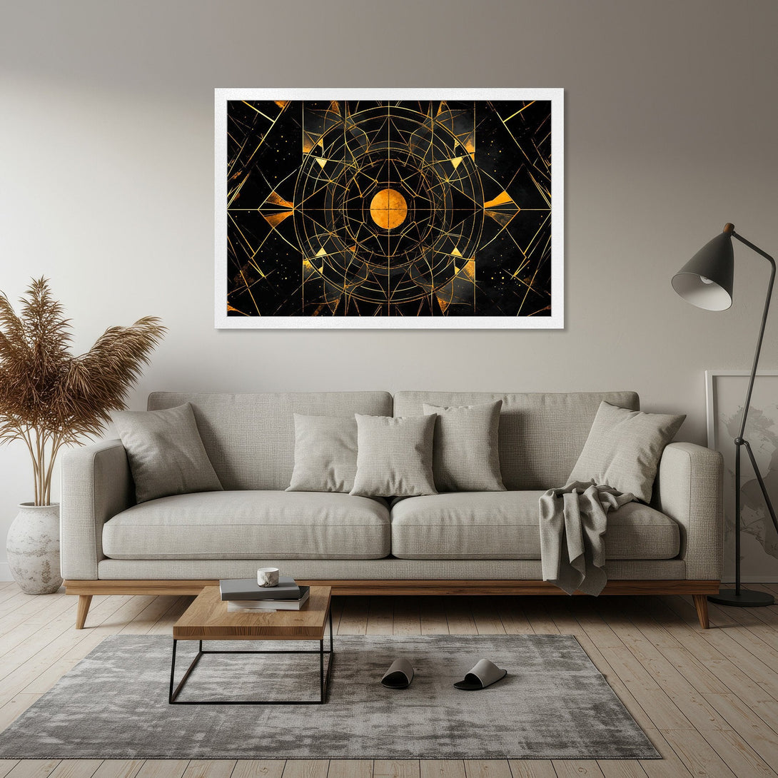 Framed Poster featuring a geometric gold and black design. Enhance your home decor with this stylish art print. Modern abstract art.