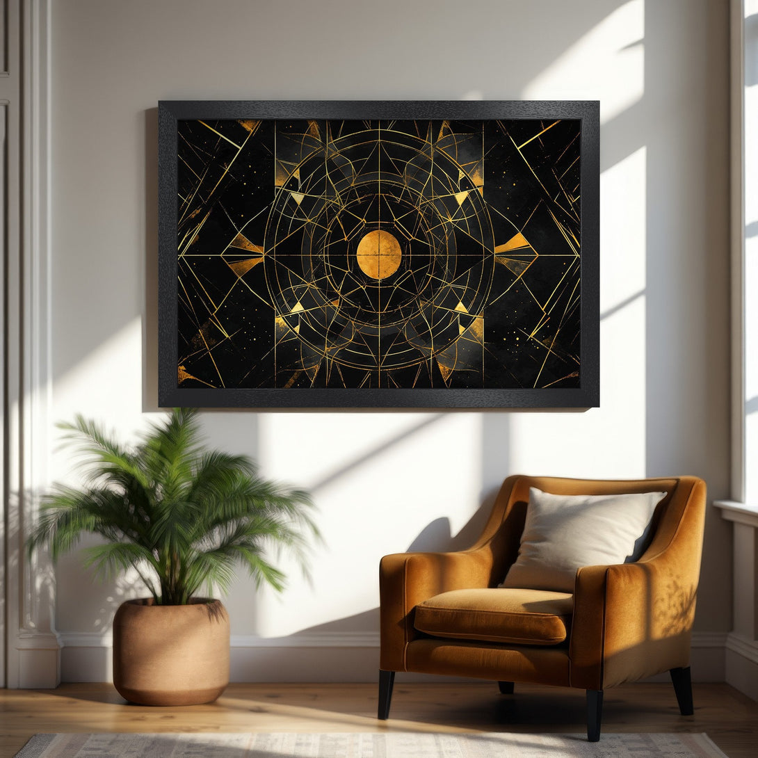 Framed Poster featuring a geometric gold design on a black background. Modern art style with a luxurious gold and black color palette.