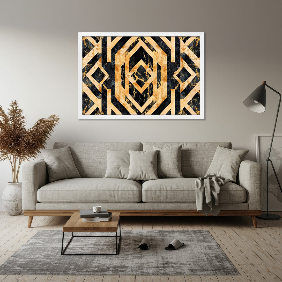 Framed Poster featuring a geometric design in black and gold. Perfect art for modern home decor.