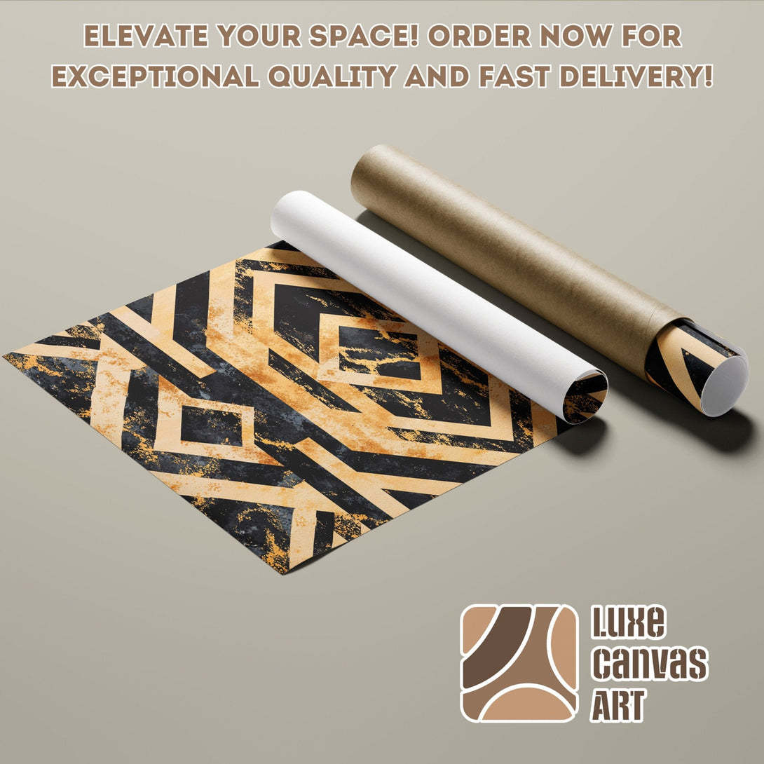 Geometric poster roll in black, gold, and neutral tones. Elevate your space with this art poster!