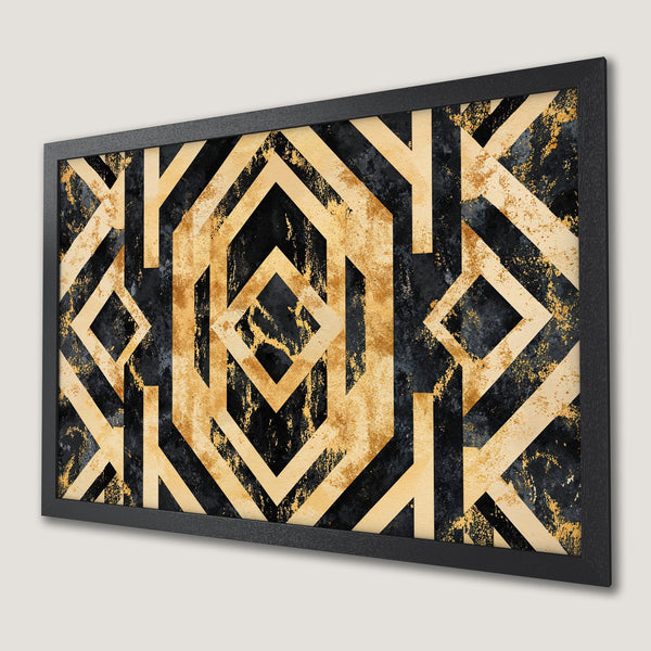 Framed Poster featuring an abstract geometric design in black, gold, and beige. Modern art for your home.