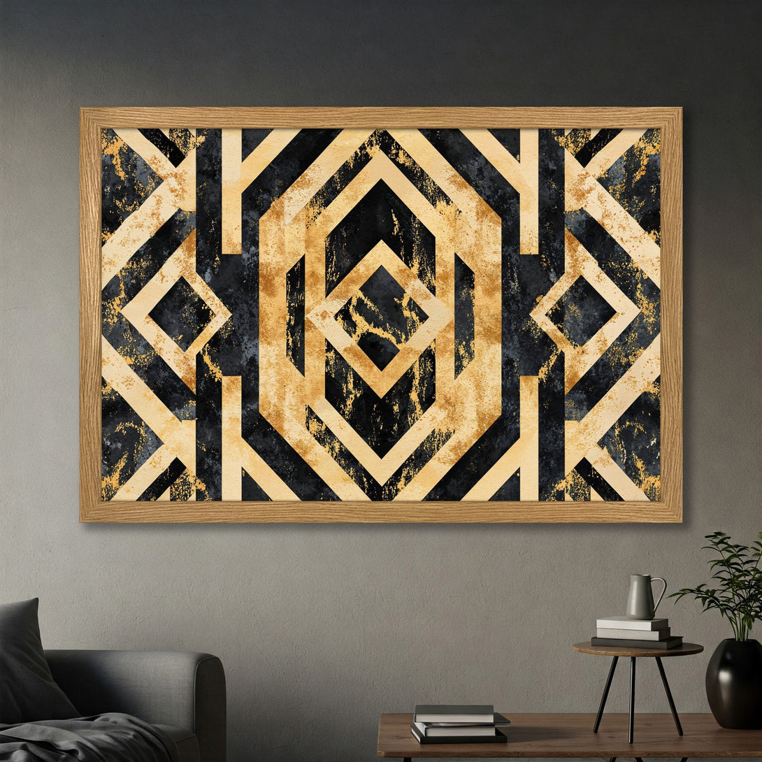 Framed Poster featuring a geometric design in black, gold, and beige. Modern art print perfect for home decor.