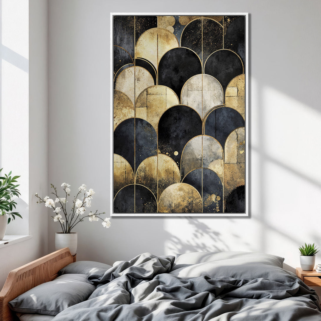 Framed Wall Art featuring an abstract geometric design in black, gold, and beige. Modern art print perfect for bedroom decor.