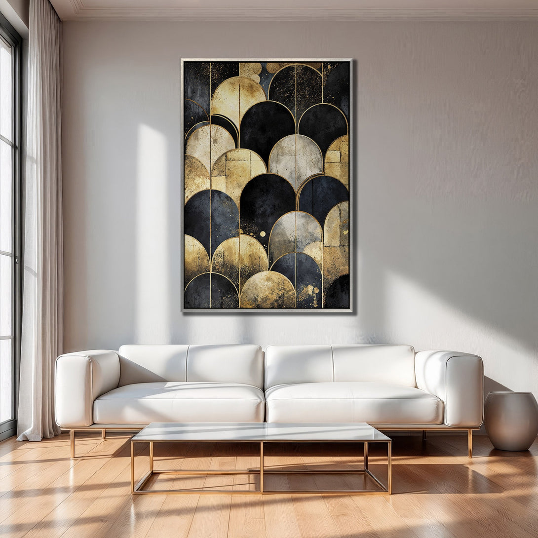 Framed Wall Art featuring an abstract geometric design in black, gold, and gray, adding modern elegance to any interior.