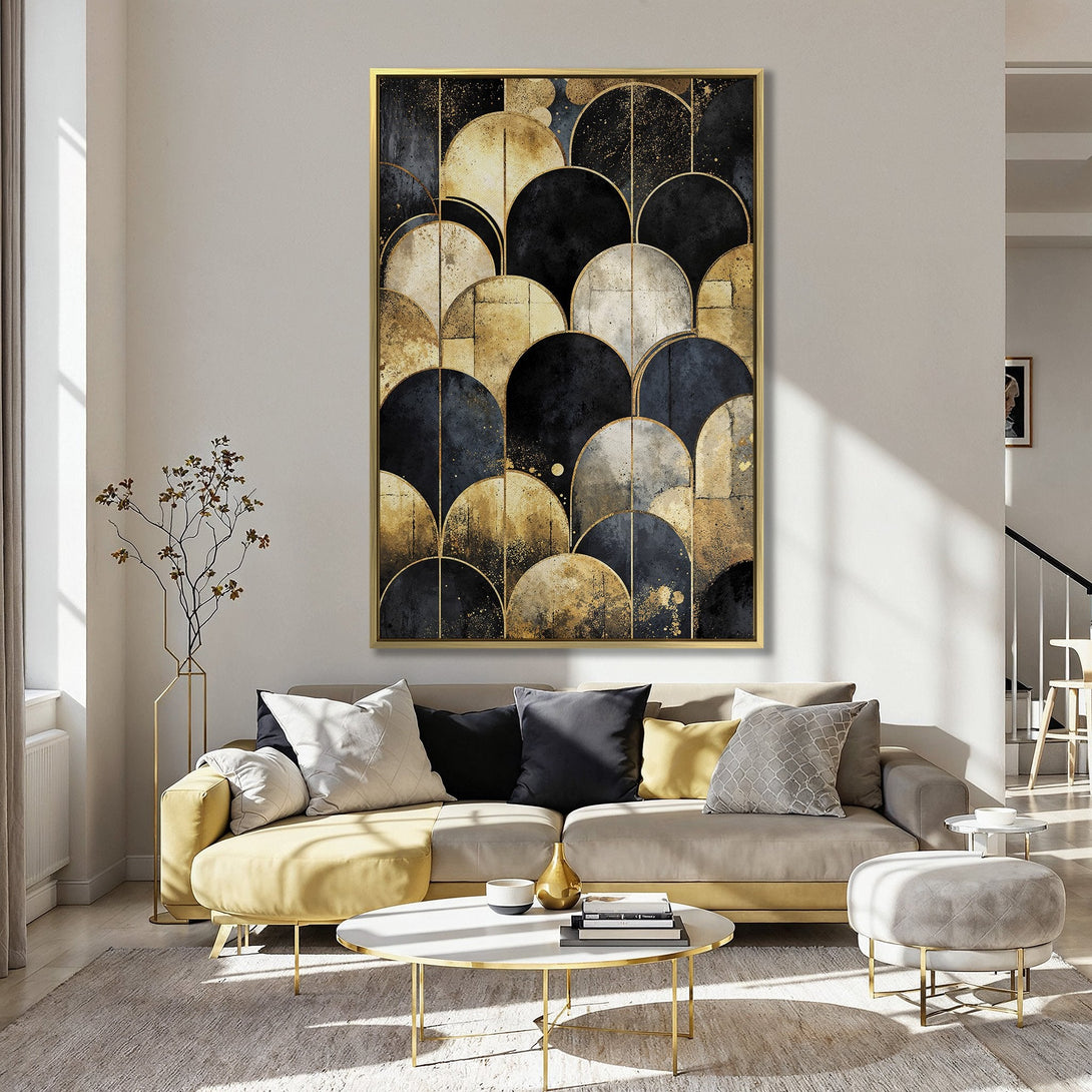 Canvas Print: Abstract art in gold, black, and gray tones. Modern, stylish wall decor with a geometric design, displayed in a kitchen.