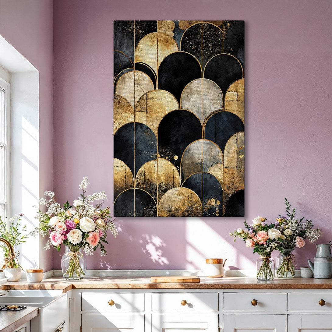 Framed Wall Art: Abstract gold and black art print in a modern living room. Enhance your space with this stylish canvas print!