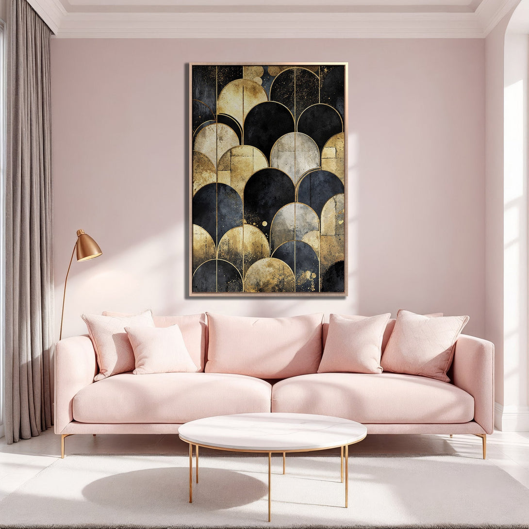 Framed Wall Art: Abstract geometric design in black, gold, and gray. Modern art canvas print adds a touch of elegance to any interior.