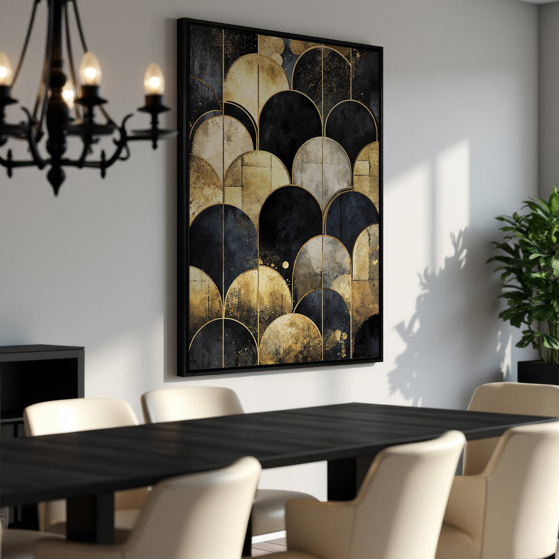 Framed Wall Art: Abstract geometric design in black, gold, and beige. Modern canvas print adds a touch of luxury to any dining room. Shop now!
