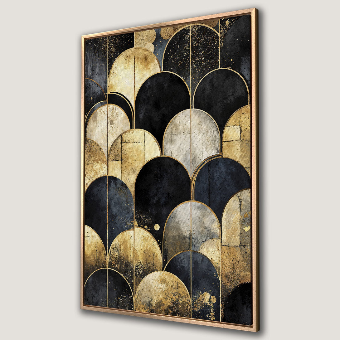 Framed Wall Art featuring an abstract Art Deco design in black, gold, and gray. Perfect for adding a touch of luxury to any space.