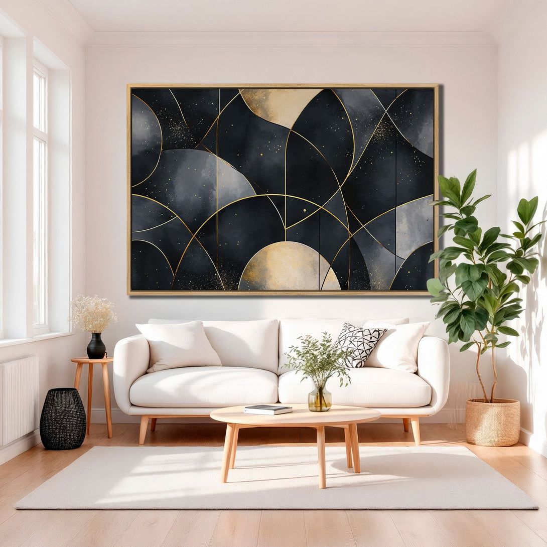 Framed Wall Art featuring an abstract geometric design in a modern style. Dark blue, gold, and gray color palette creates a sophisticated aesthetic.