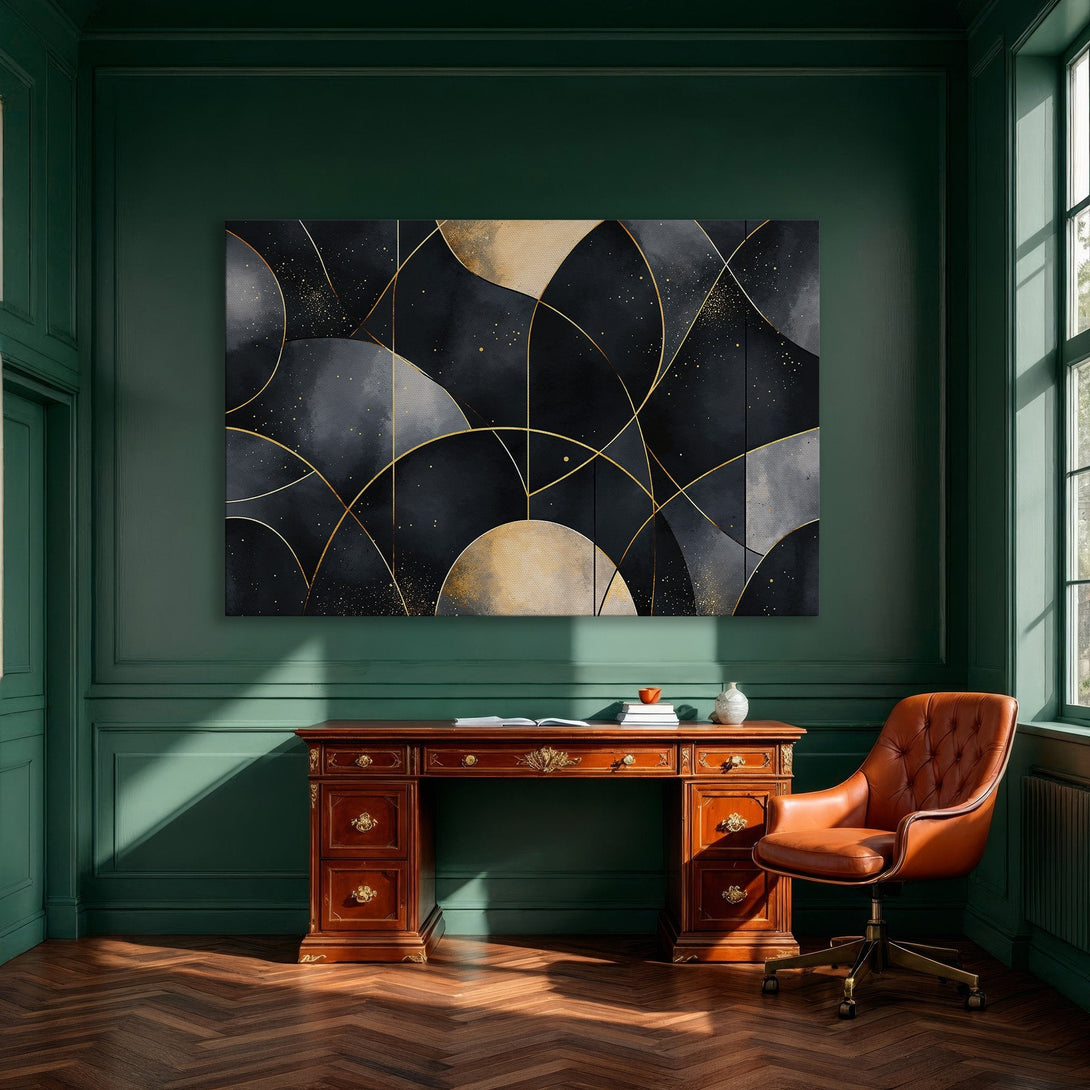 Framed Wall Art: Abstract geometric design in navy, gold, and beige. Modern canvas print adds elegance to a dining room. Shop now for stylish decor!