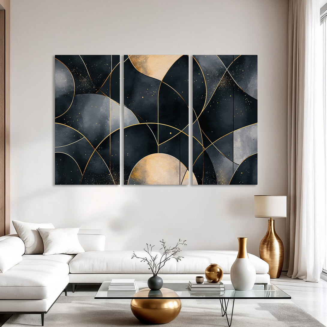 Abstract Canvas Print art in a modern interior. Features geometric shapes with gold accents on a dark blue and gold palette. Elevate your space!