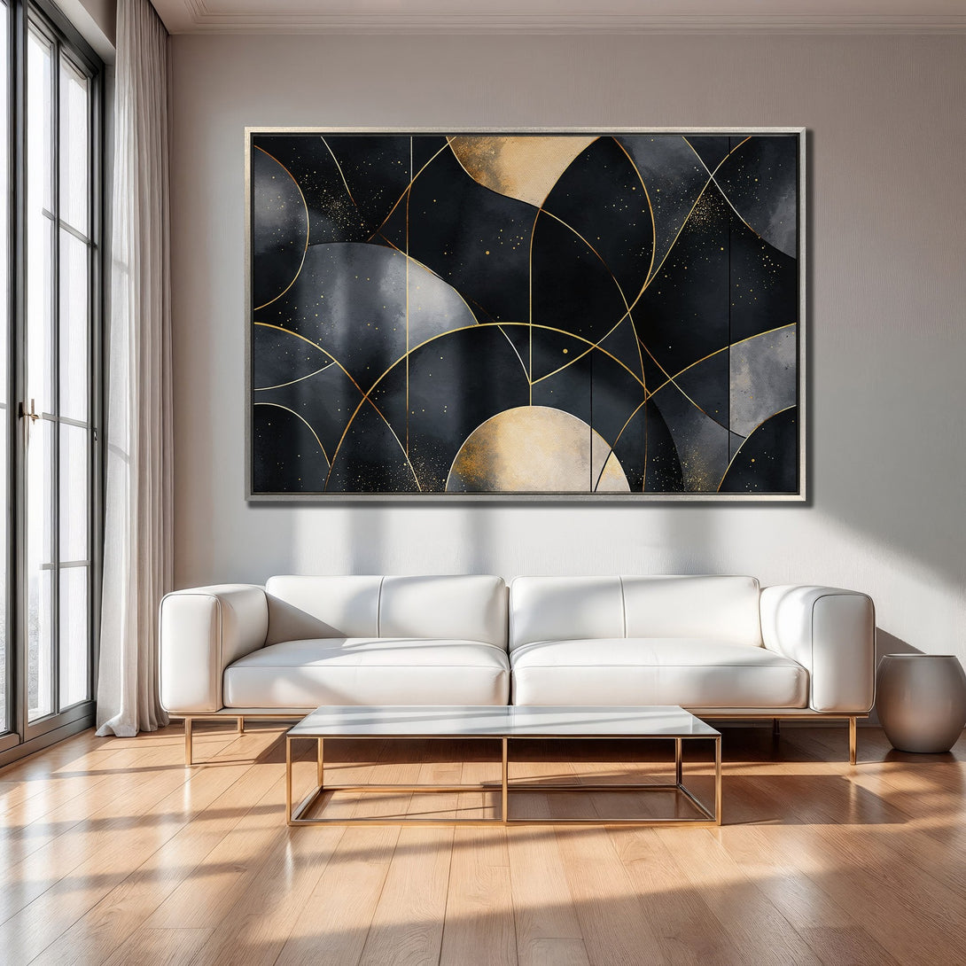 Framed Wall Art: Abstract geometric design in black, gold, and gray. Modern art canvas print adds a touch of luxury to any interior.